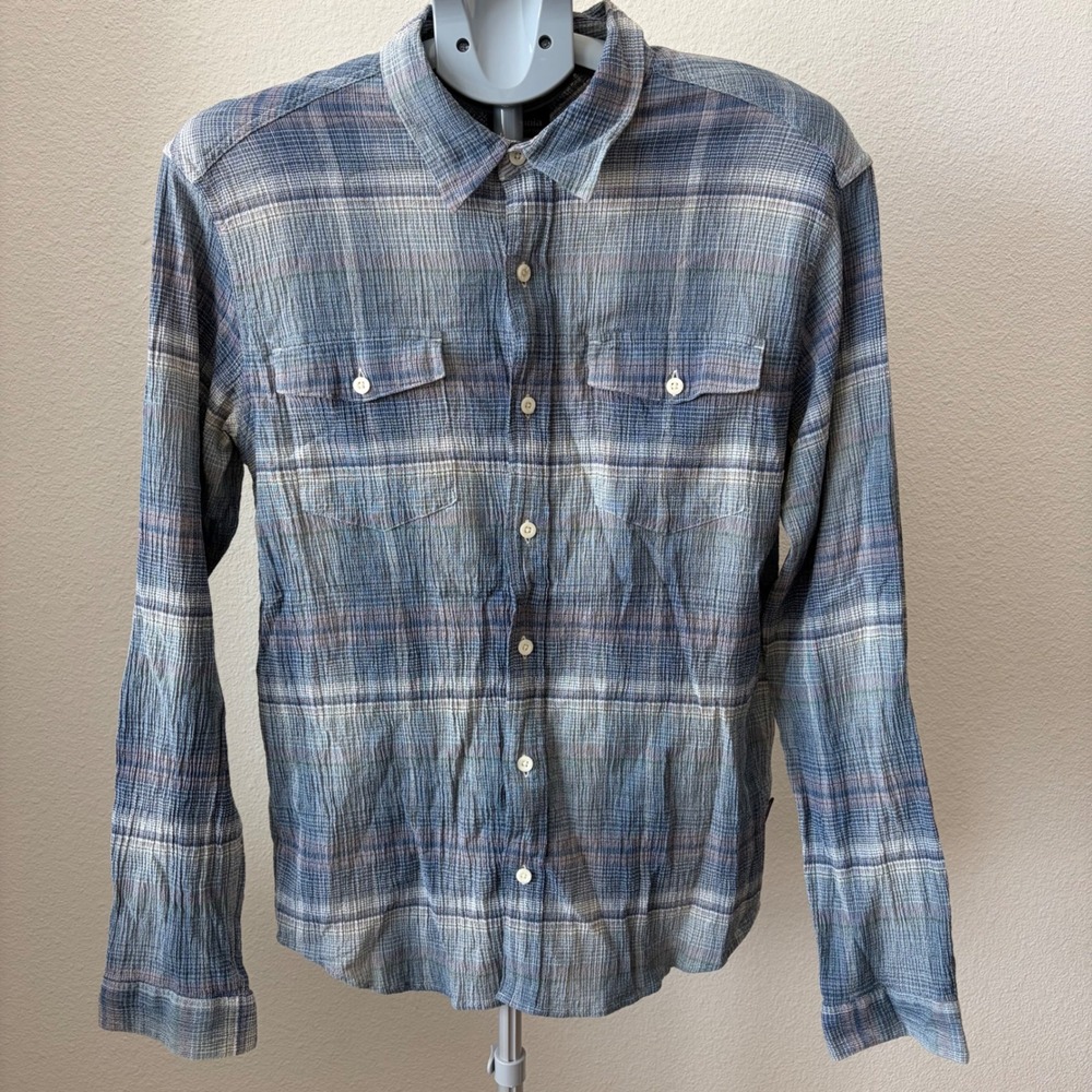 Patagonia Button Shirt Mens Medium Blue Plaid Organic Cotton Gauze Long Sleeve